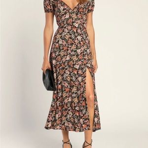 Lulus Meadow Muse Black Floral Tie-Back Puff Sleeve Midi Dress